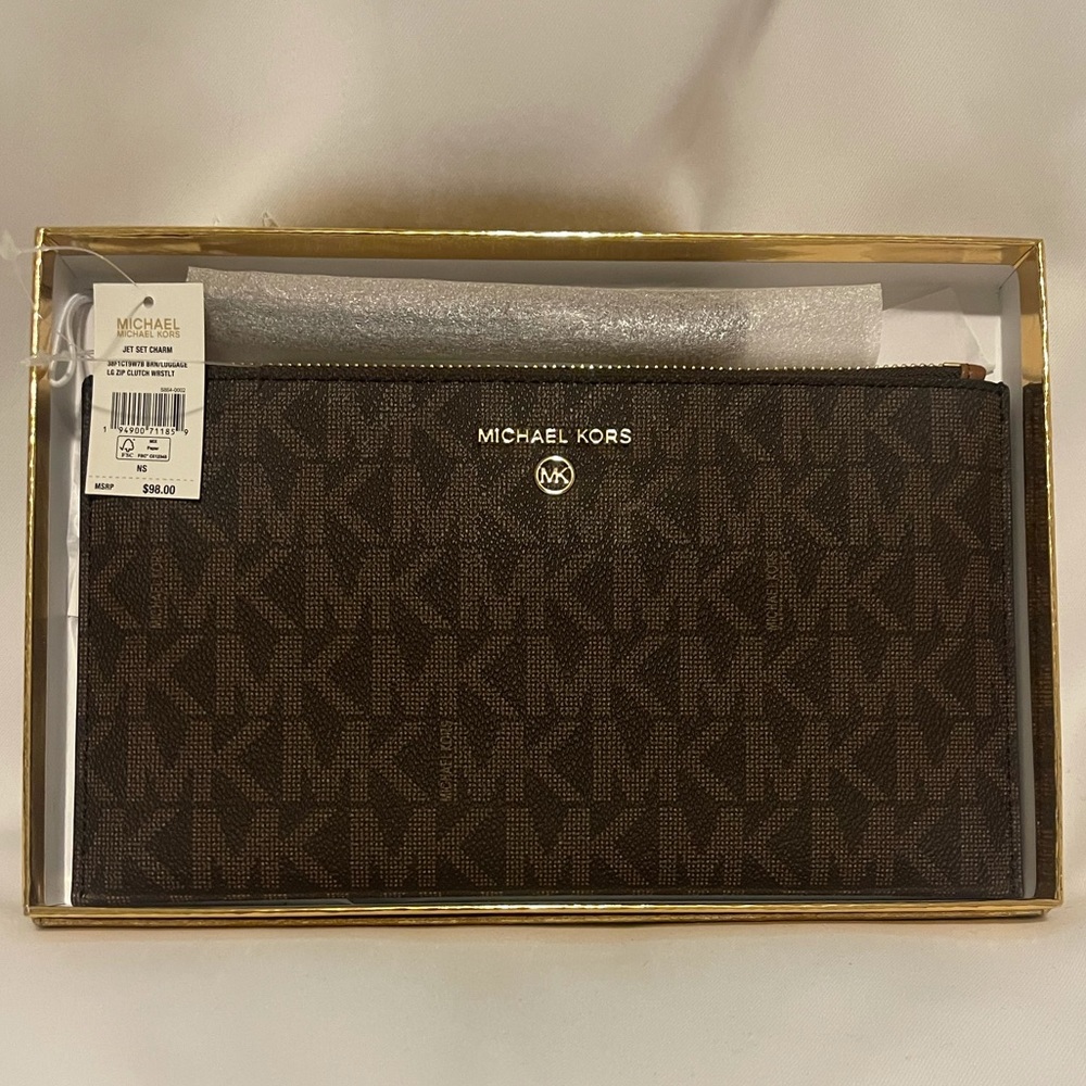 Michael Kors - Jet Set Large Zip Clutch Wristlet- Brown/Tan NWT & Gift Box